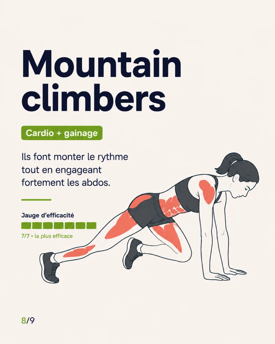 Slide 8 sur 9 : les mountain climbers pour le cardio et le gainage