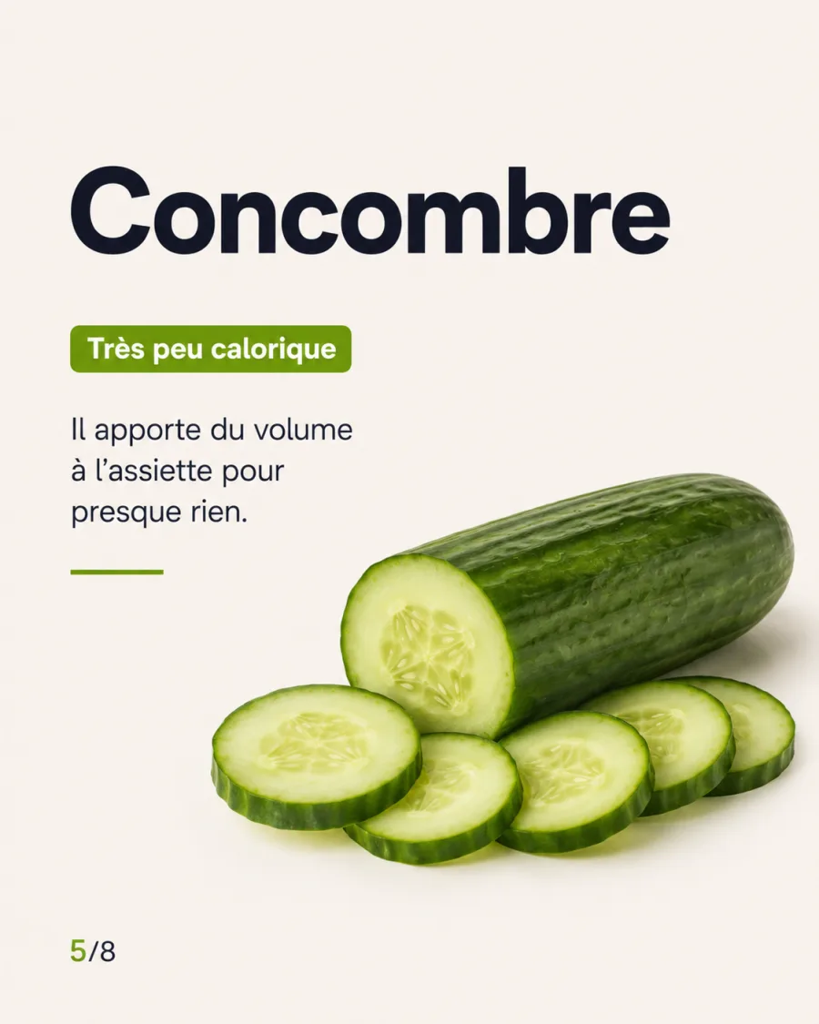 Slide 5 sur 8 : le concombre, très peu calorique