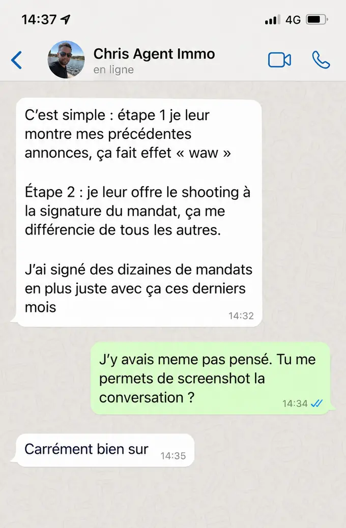 Conversation WhatsApp avec un agent immobilier : il montre ses annonces précédentes, offre le shooting à la signature du mandat et a signé des dizaines de mandats en plus